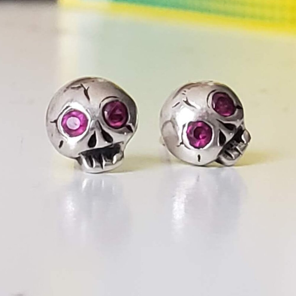 Michael Spirito Silver and Gold 585 Tiny Skull Stud Earrings with Ruby Eyes